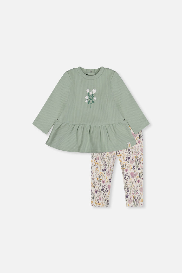 Deux par Deux baby girl green and beige peplum tunic and heart print legging set, front view