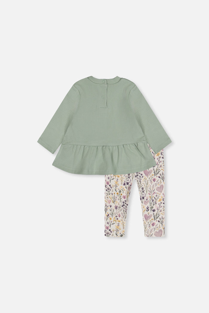 Deux par Deux baby girl green and beige peplum tunic and heart print legging set, back view