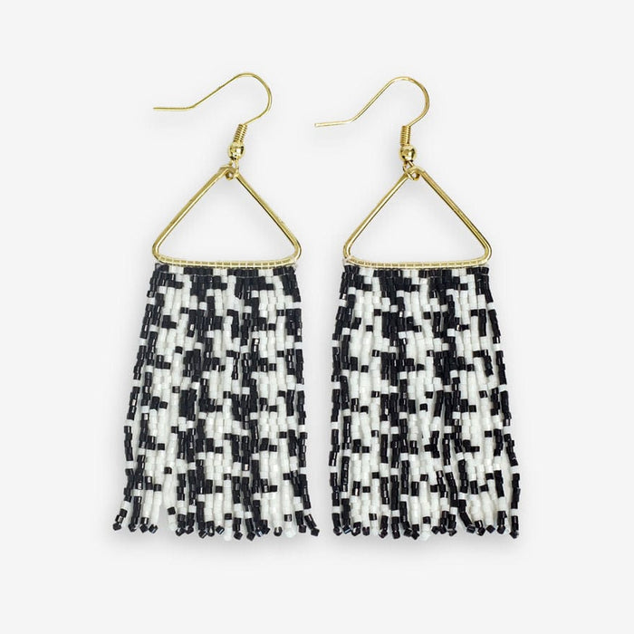 Paige Game Day Houndstooth Beaded Fringe Earrings Black and White