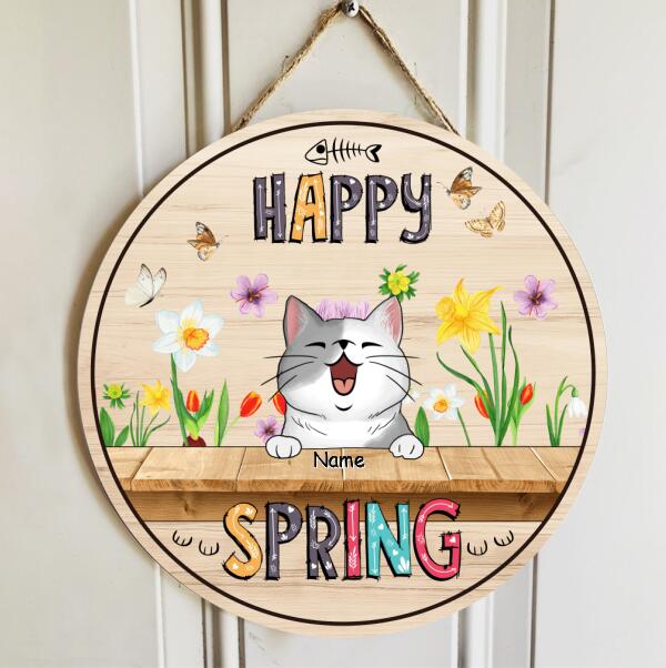 Pawzity Custom Wooden Signs, Gifts For Cat Lovers, Happy Spring Floral Background Welcome Door Signs , Cat Mom Gifts
