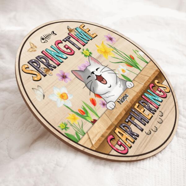 Pawzity Custom Wooden Signs, Gifts For Cat Lovers, Spring Time Gatherings Floral Background Welcome Door Signs , Cat Mom Gifts