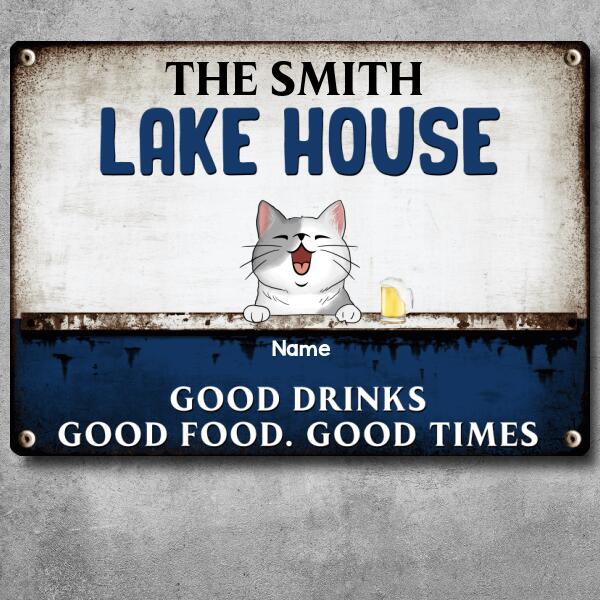 Pawzity Metal Lake House Sign, Gifts For Pet Lovers, Good Drinks Good Food Good Times Personalized Family Sign
