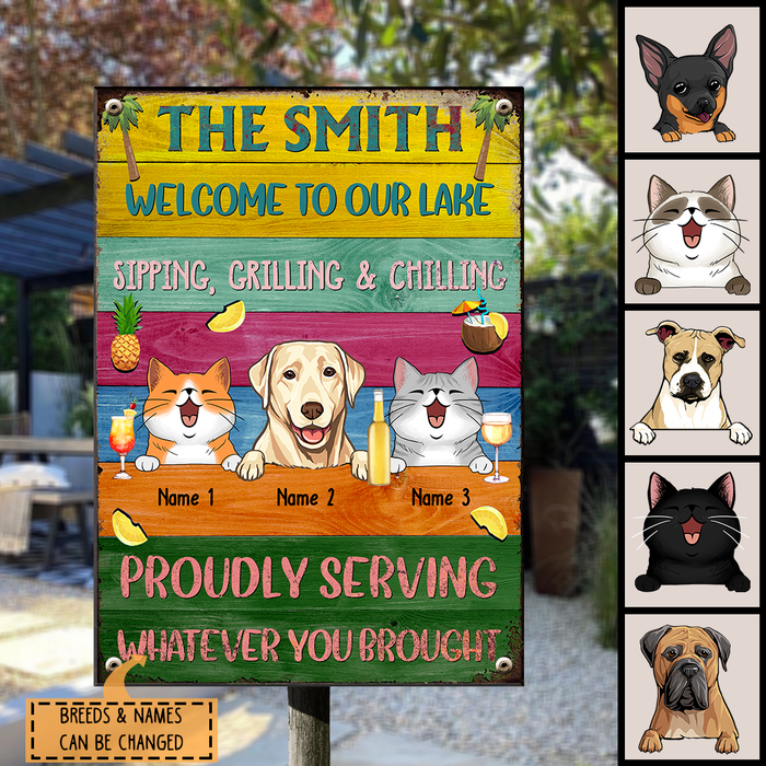Pawzity Metal Lake Sign, Gifts For Pet Lovers, Proudly Serving Whatever You Brought Colorful Welcome Signs