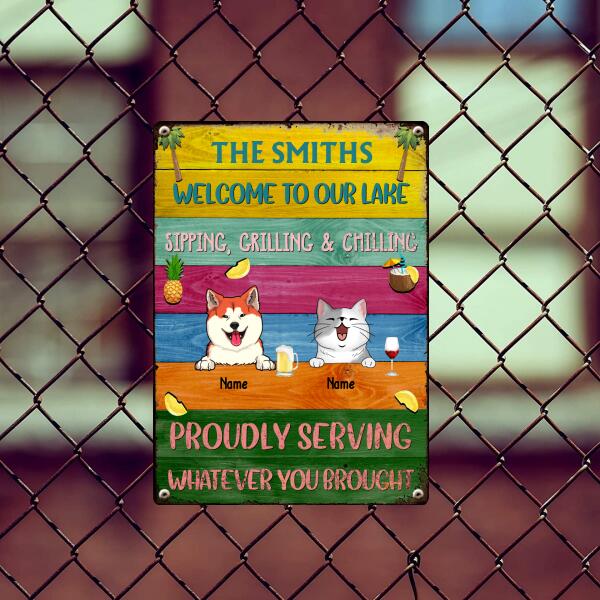 Pawzity Metal Lake Sign, Gifts For Pet Lovers, Proudly Serving Whatever You Brought Colorful Welcome Signs