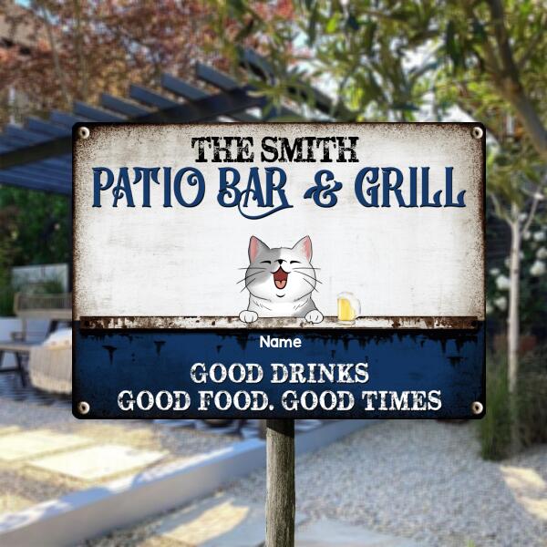 Pawzity Metal Patio Bar & Grill Sign, Gifts For Pet Lovers, Good Drinks Good Food Good Times Personalized Family Sign