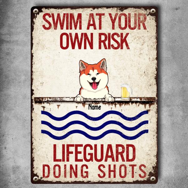 Pawzity Metal Pool Sign, Gifts For Pet Lovers, Swim At Your Risk Lifeguard Doing Shots Funny Signs