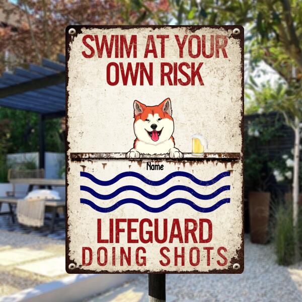 Pawzity Metal Pool Sign, Gifts For Pet Lovers, Swim At Your Risk Lifeguard Doing Shots Funny Signs