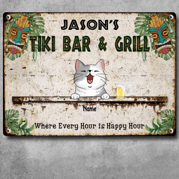 Pawzity Metal Tiki Bar & Grill Sign, Gifts For Pet Lovers, Where Every Hour Is Happy Hour Tropical Style Welcome Signs