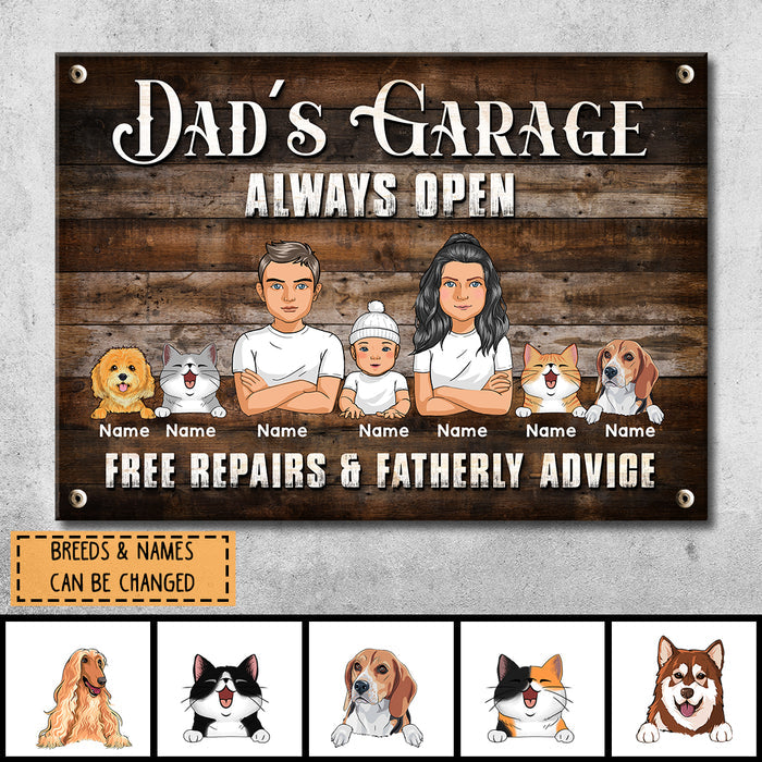 Pawzity Welcome Metal Garage Sign, Gifts For Pet Lovers, Dad's Garage Always Open Free Repairs Wooden Style