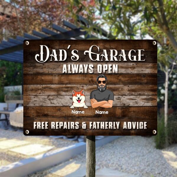 Pawzity Welcome Metal Garage Sign, Gifts For Pet Lovers, Dad's Garage Always Open Free Repairs Wooden Style