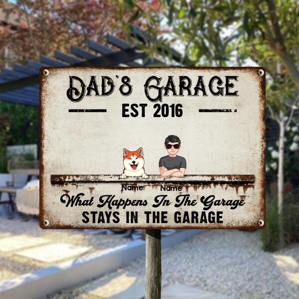 Pawzity Welcome Metal Garage Sign, Gifts For Pet Lovers, Dad's Garage What Happens In The Garage Stays In  Vintage Style