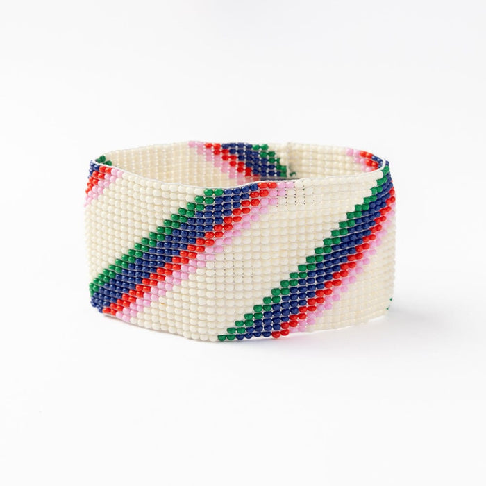 Penelope Stripe Diagonal Seed Bead Bracelet Ivory Navy Green Red Stretch