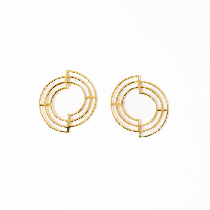 Penny Full Circle with Cut Outs Abstract Post Earrings Brass Drop
