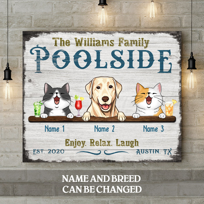 Personalized Dog & Cat Landscape Canvas, Gifts For Pet Lovers, Poolside Enjoy Relax Laugh Home Decor