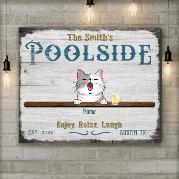 Personalized Dog & Cat Landscape Canvas, Gifts For Pet Lovers, Poolside Enjoy Relax Laugh Home Decor
