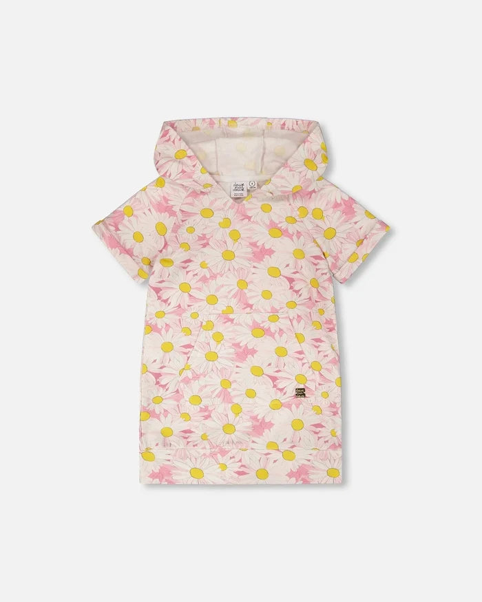 Pink Daisy Print French Terry Hooded Dress
