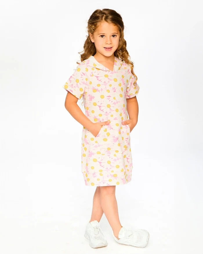 Pink Daisy Print French Terry Hooded Dress
