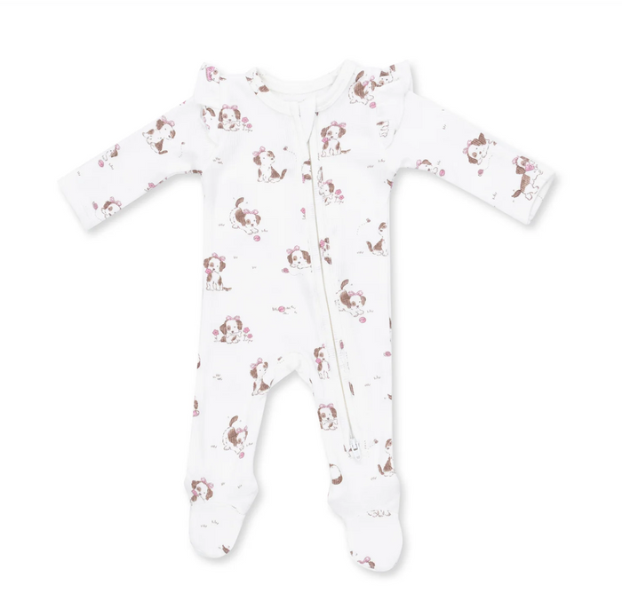 Pink Explorer Puppy Ruffle Sleeve Zipper Footie