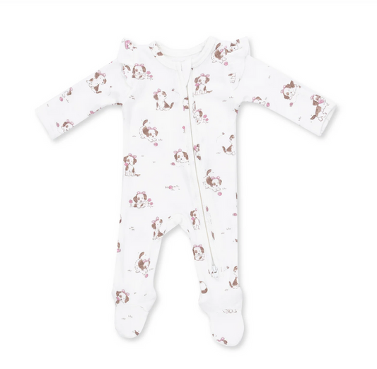 Pink Explorer Puppy Ruffle Sleeve Zipper Footie