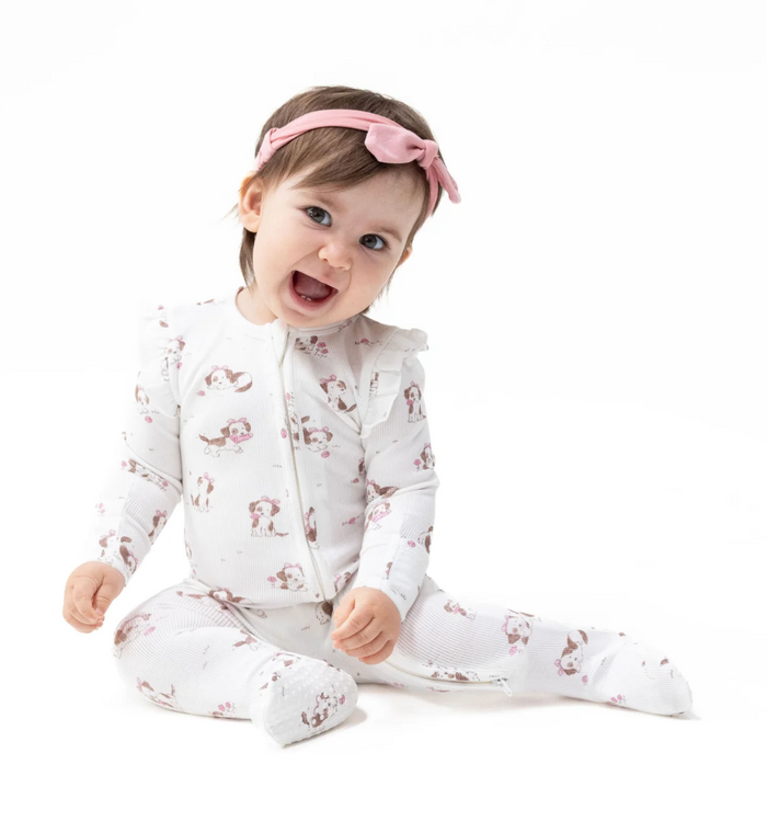 Pink Explorer Puppy Ruffle Sleeve Zipper Footie