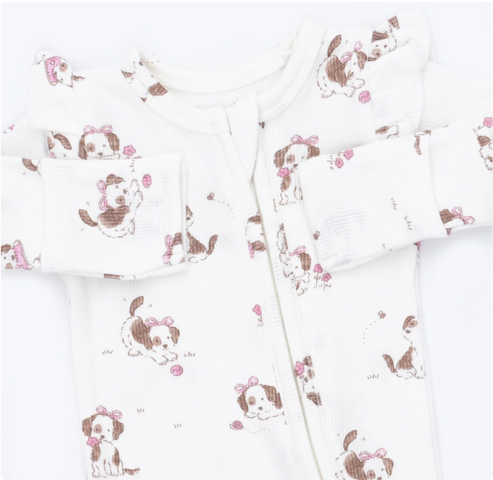 Pink Explorer Puppy Ruffle Sleeve Zipper Footie