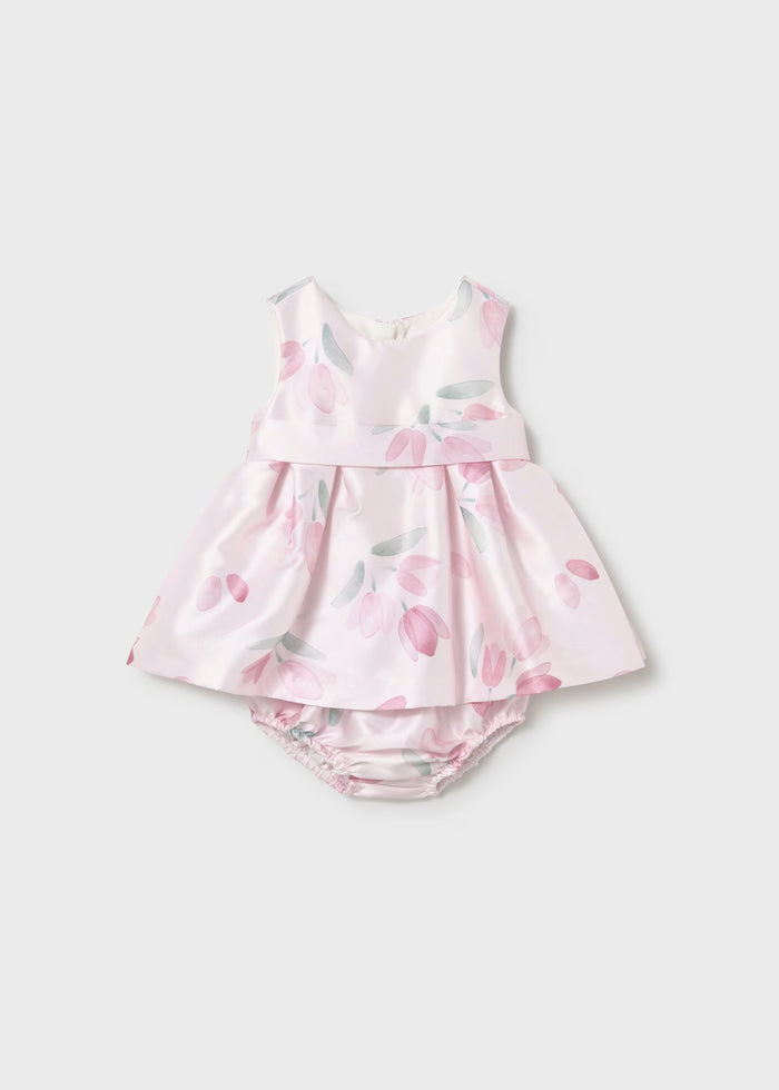 Pink Floral Satin Sleeveless Belt Dress & Bloomer