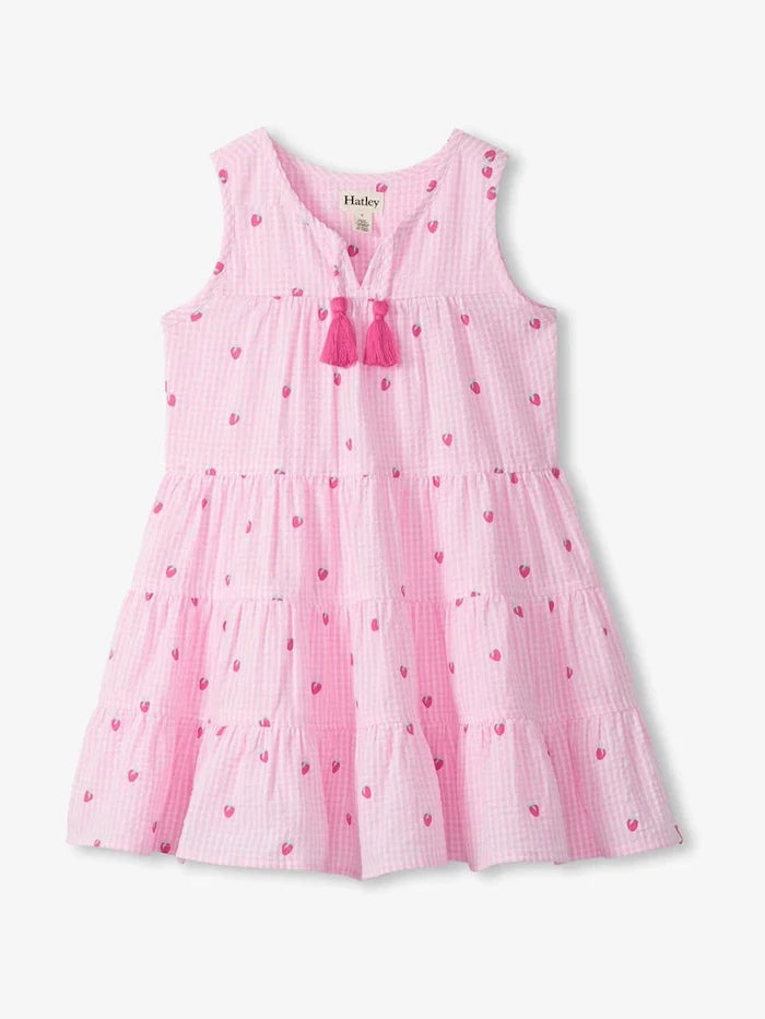 Pink Gingham Berries Tiered Tassle Dress