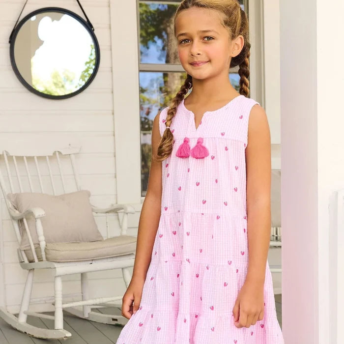 Pink Gingham Berries Tiered Tassle Dress