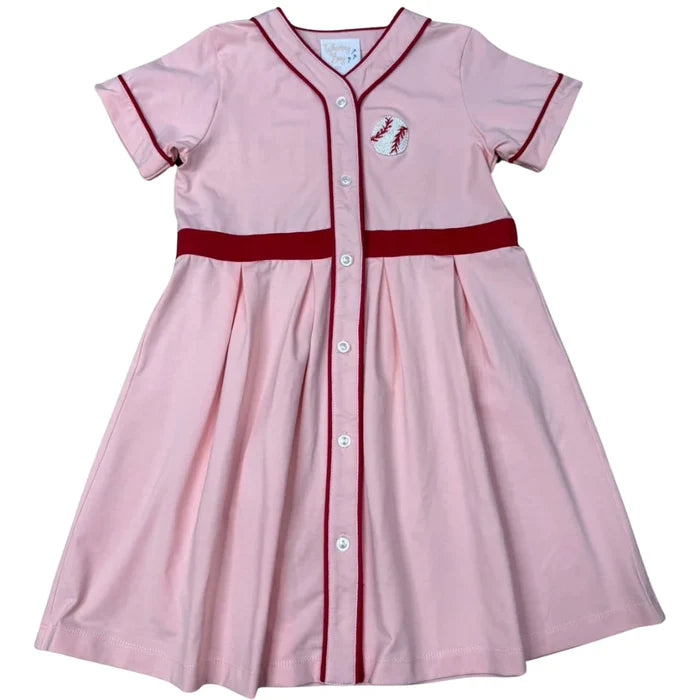 Pink Girls Play Baseball Dress w Red Trim