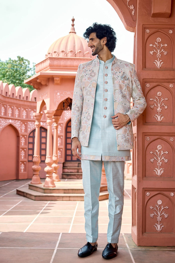 Pista Green Indo-Western with Embroidered Jacket