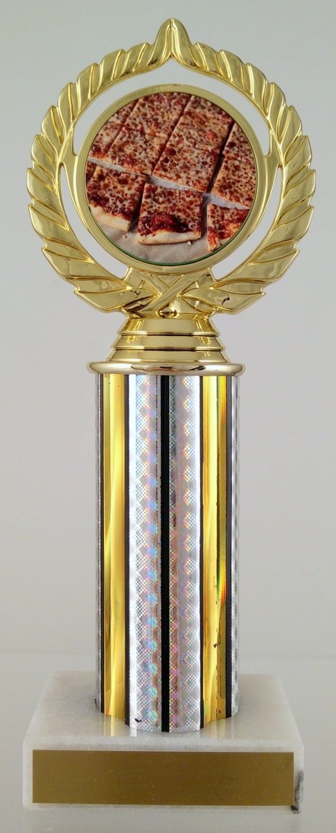 A trophy featuring a pizza logo on top of a round column with a gold and silver color scheme.
