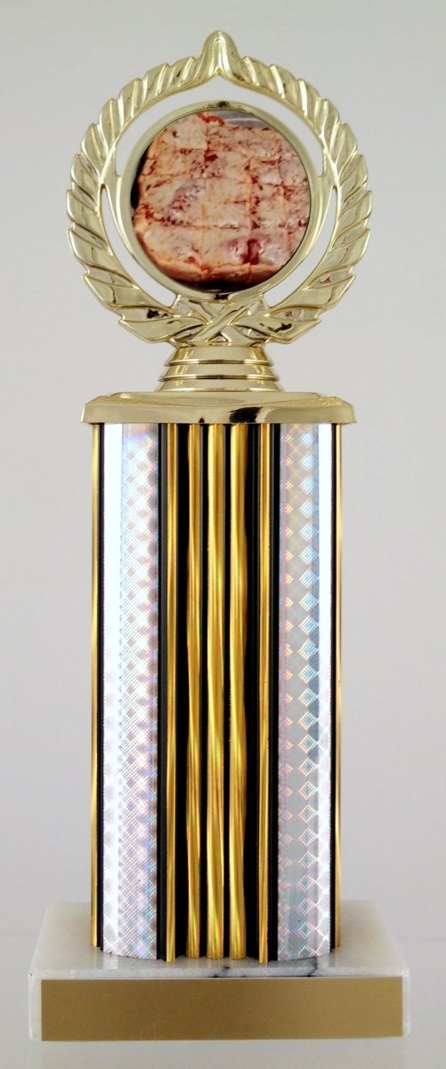 Pizza Column Trophy with a pizza logo on top, gold and white column, on top a white marble base with gold engraving plate.