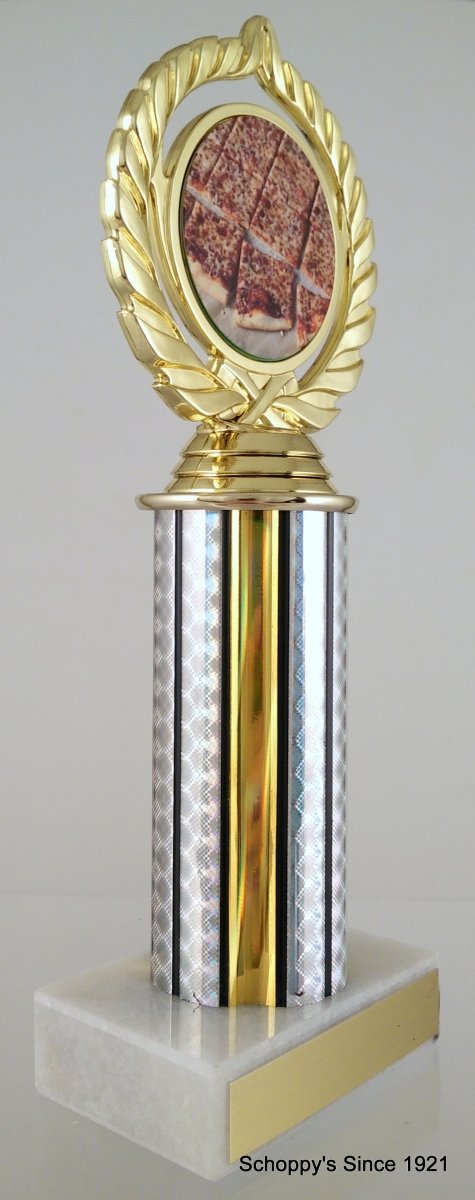 Pizza Column Trophy with a pizza logo on top, gold and white column, on top a white marble base with gold engraving plate.
