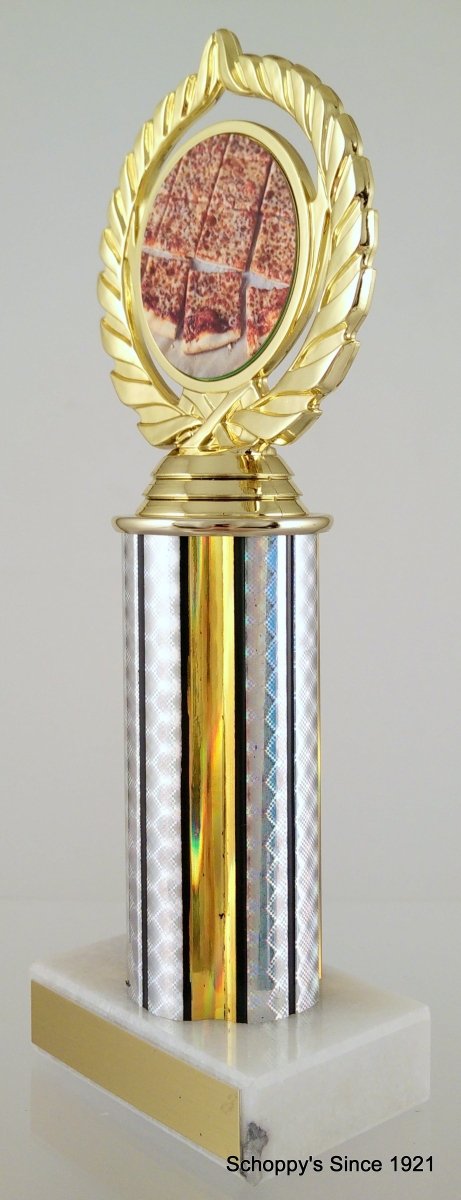 Pizza Column Trophy with a pizza logo on top, gold and white column, on top a white marble base with gold engraving plate.