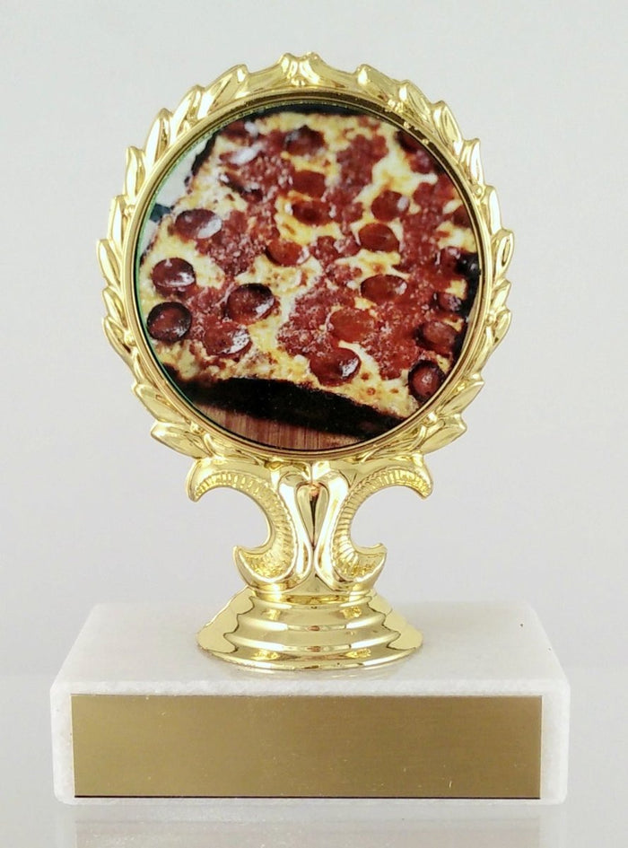 Pizza logo trophy on a gold trophy wreath white marble base and gold engraving plate