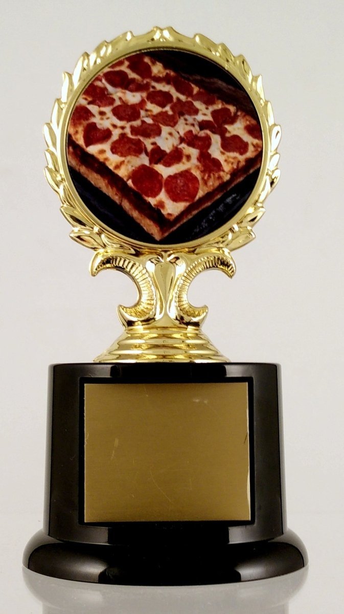 Pepperoni Pizza Logo Trophy on gold wreath on black round base with gold engraving plate
