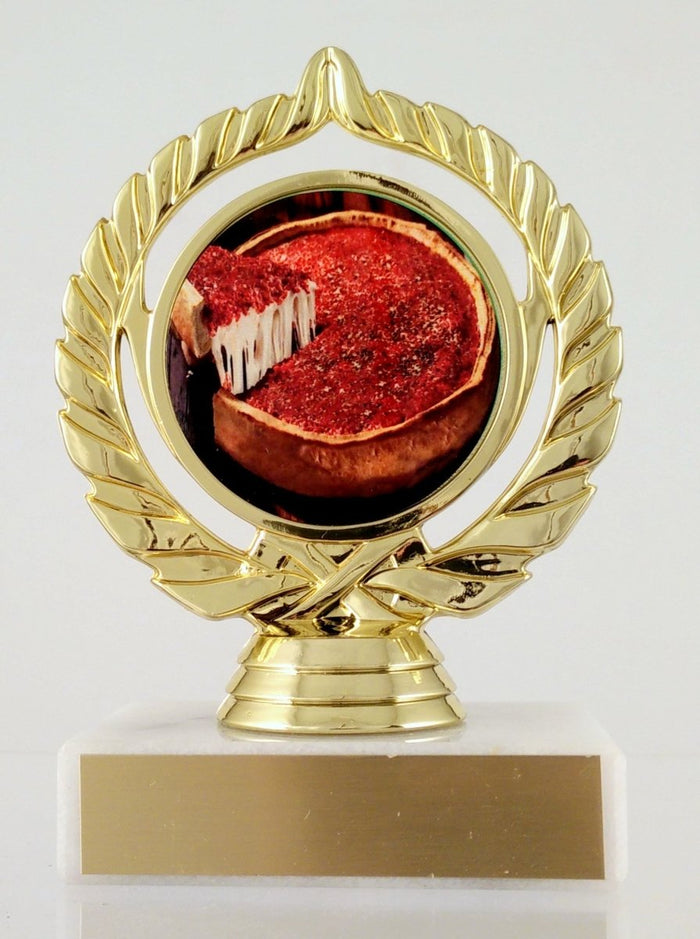 Pizza logo trophy on a gold trophy wreath white marble base and gold engraving plate