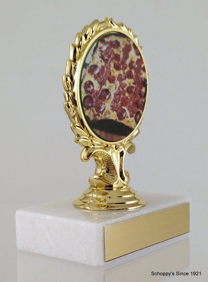Pizza logo trophy on a gold trophy wreath white marble base and gold engraving plate
