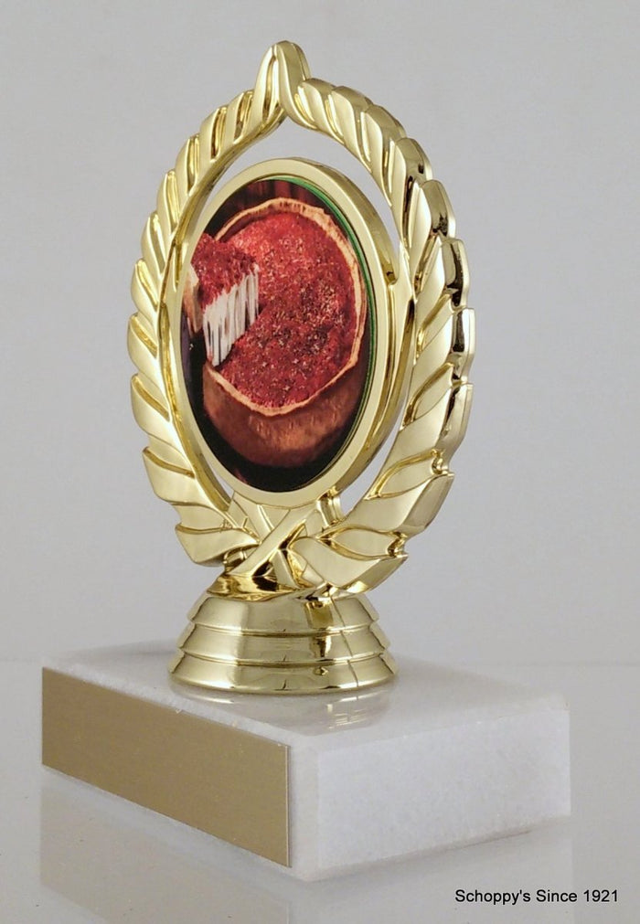Pizza logo trophy on a gold trophy wreath white marble base and gold engraving plate