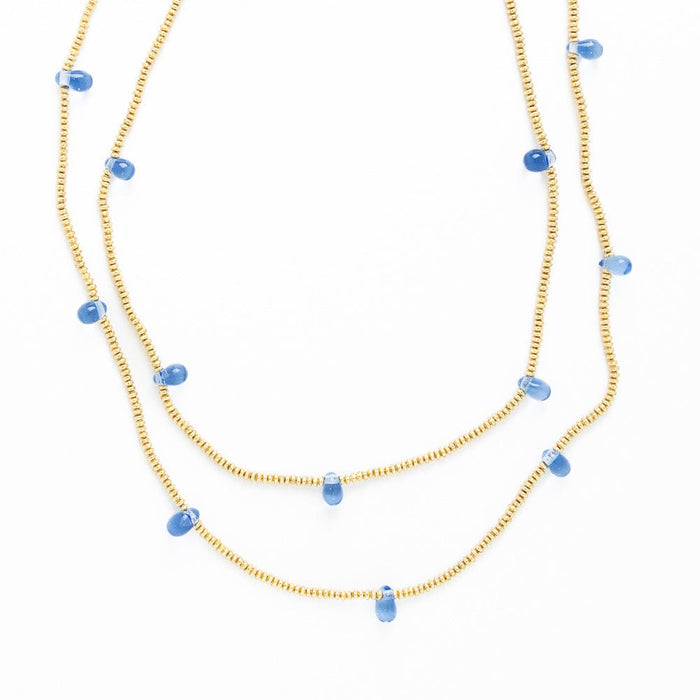 Portia Brass Necklace With Glass Beads Blue Single Strand