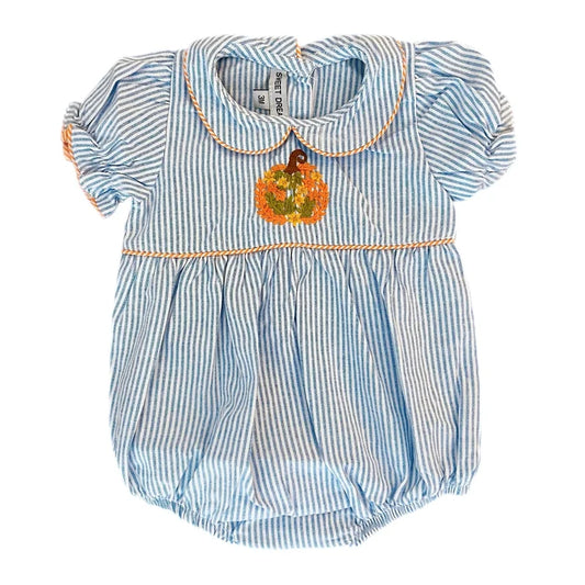 Pumpkin Embroidered Blue Stripe Bubble