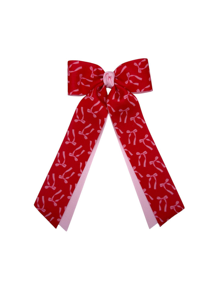 Red w Pink Printed Bows Double Long tail Bow