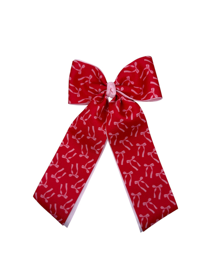 Red w Pink Printed Bows Double Long tail Bow