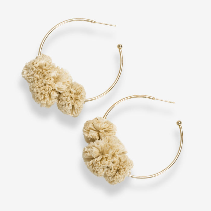 Rita Raffia Poms Hoop Earrings Ivory