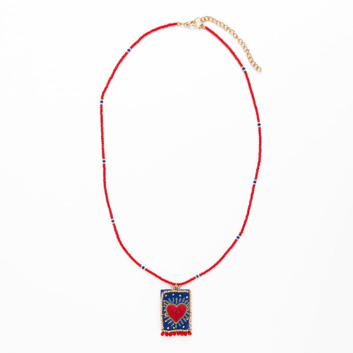 Robin Beaded Necklace With Embroidered Heart Red Pendant