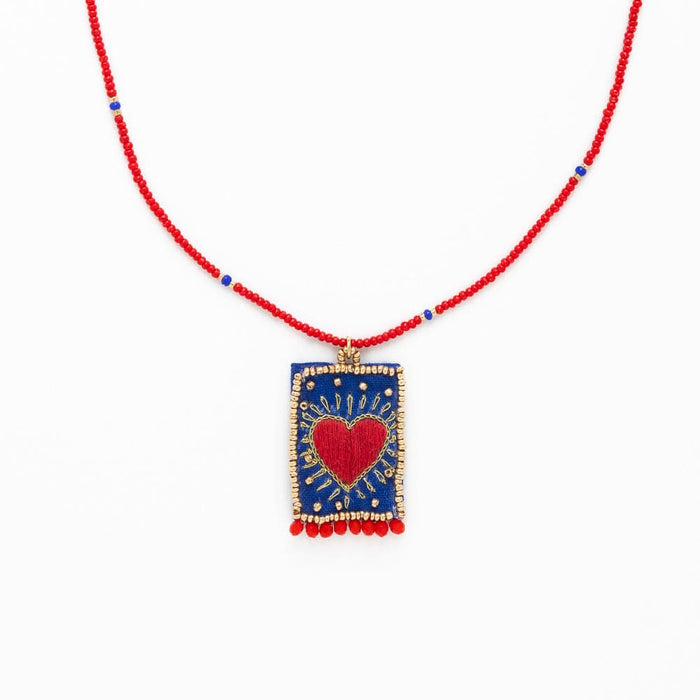 Robin Beaded Necklace With Embroidered Heart Red Pendant