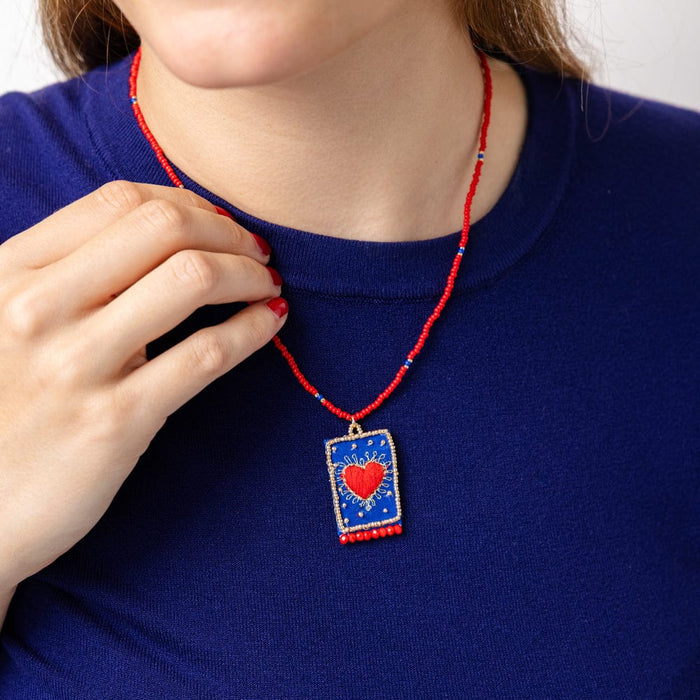Robin Beaded Necklace With Embroidered Heart Red Pendant