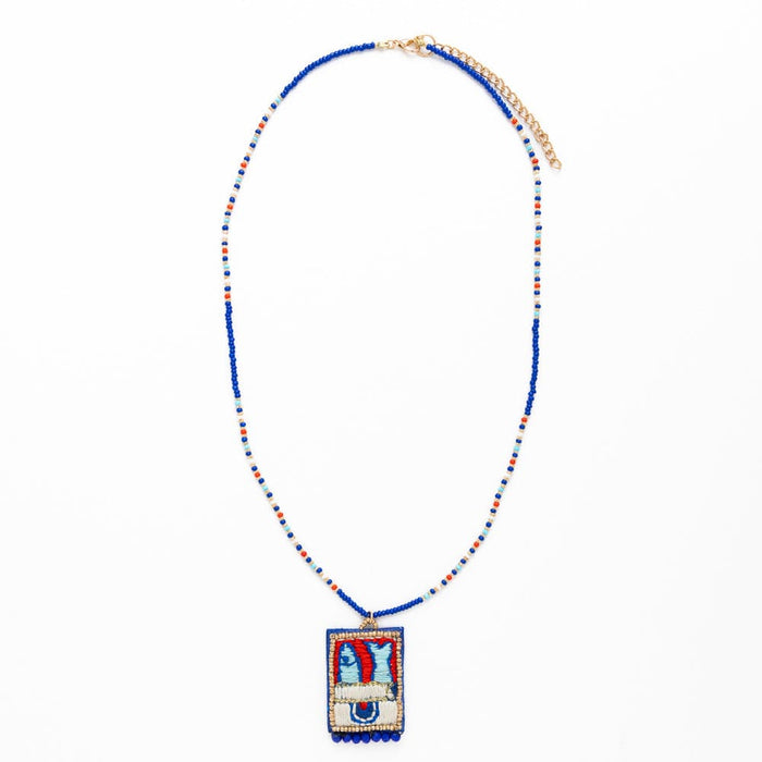 Robin Beaded Necklace With Embroidered Sardine Blue Pendant