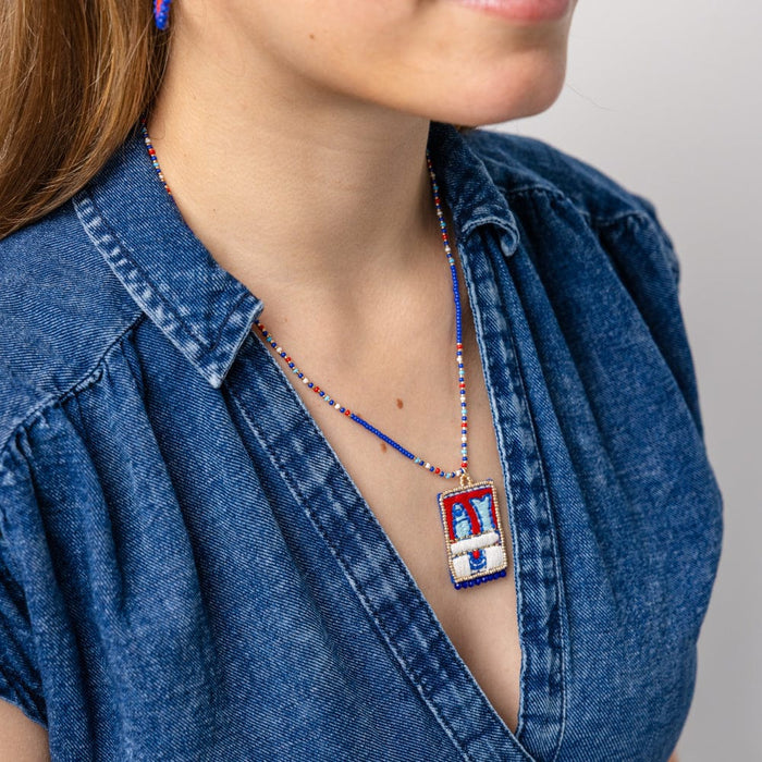 Robin Beaded Necklace With Embroidered Sardine Blue Pendant