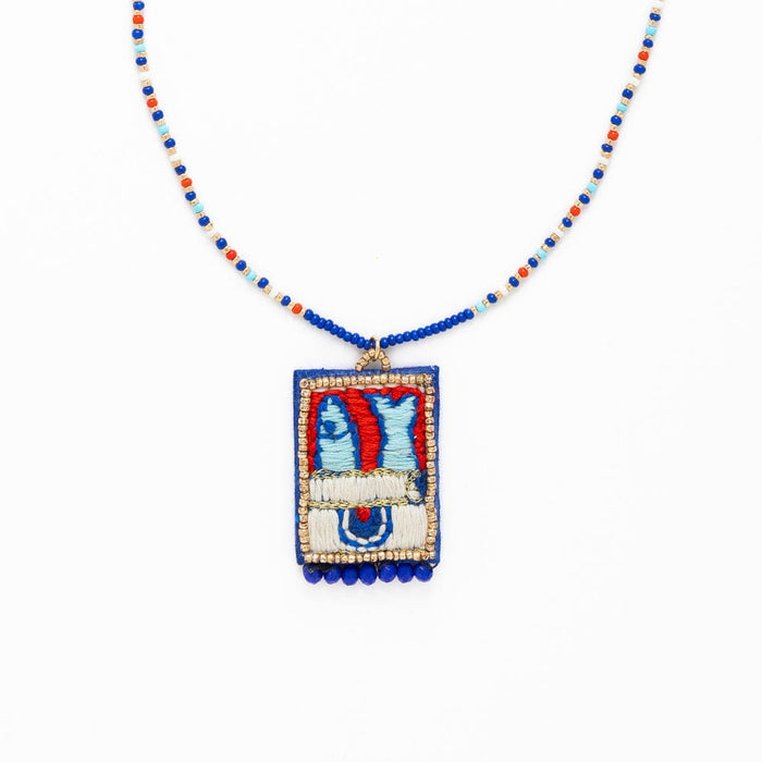 Robin Beaded Necklace With Embroidered Sardine Blue Pendant